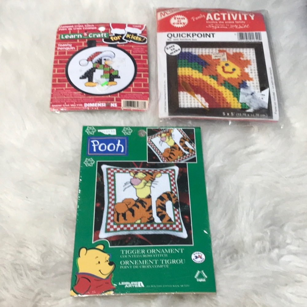 Vintage sealed 3 Kid’s Cross Stitch Kits Tigger Winnie the Pooh Penguin Rainbow